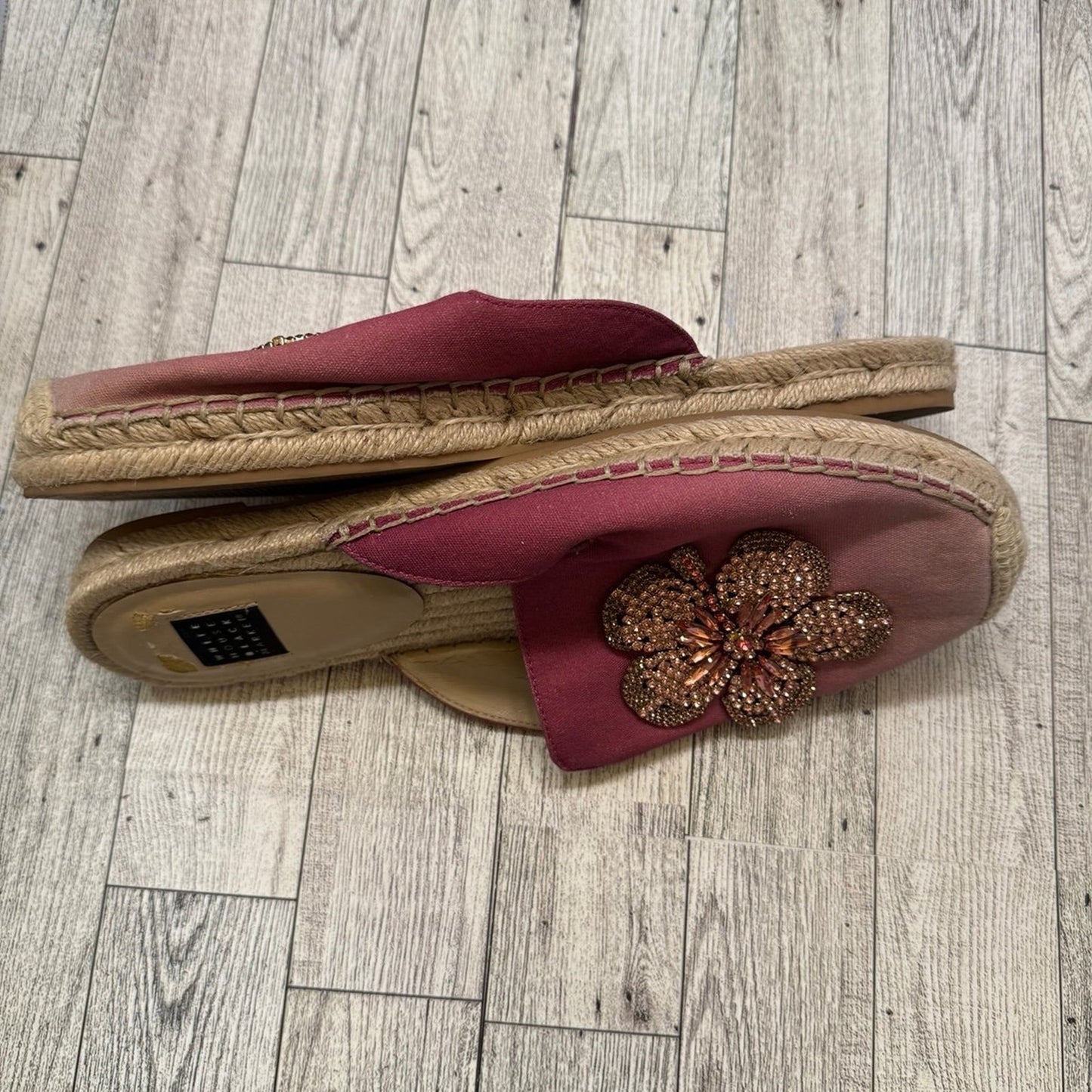 Jeweled floral ombré espadrilles slides.