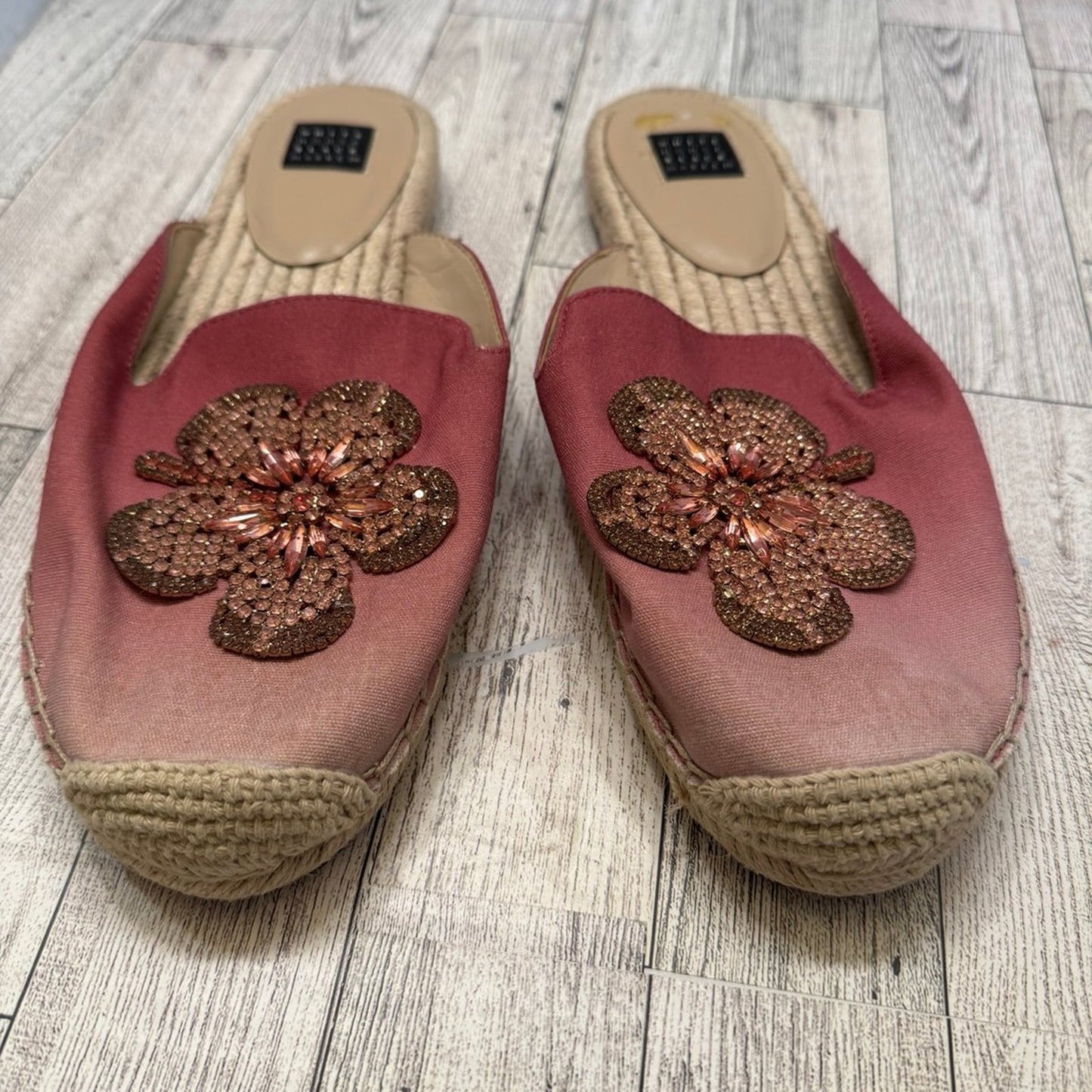 Jeweled floral ombré espadrilles slides.